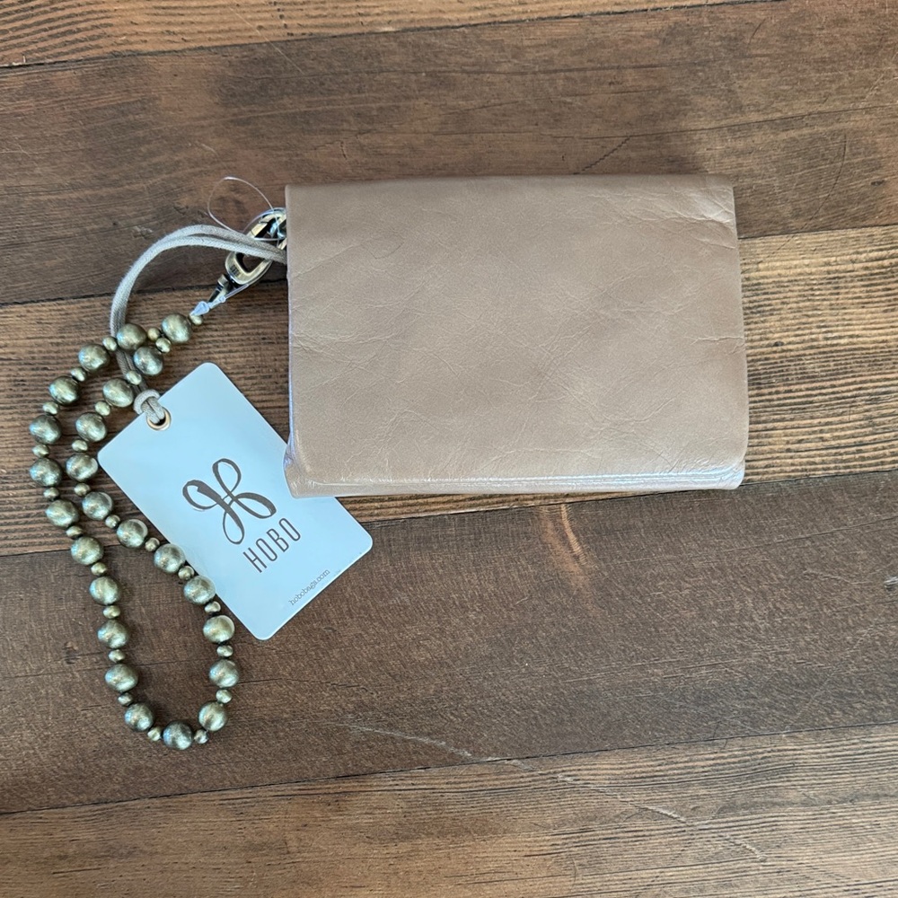 HOBO Beige Leather Wallet with Beaded Strap